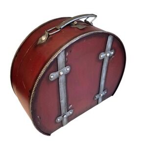 Vintage Hard Metal Suitcase Keepsake Hat Box Hinged Latched Horseshoe Shaped
